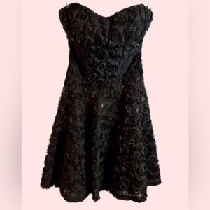 Black Rosette Strapless Sequin Fit & Flare Dress